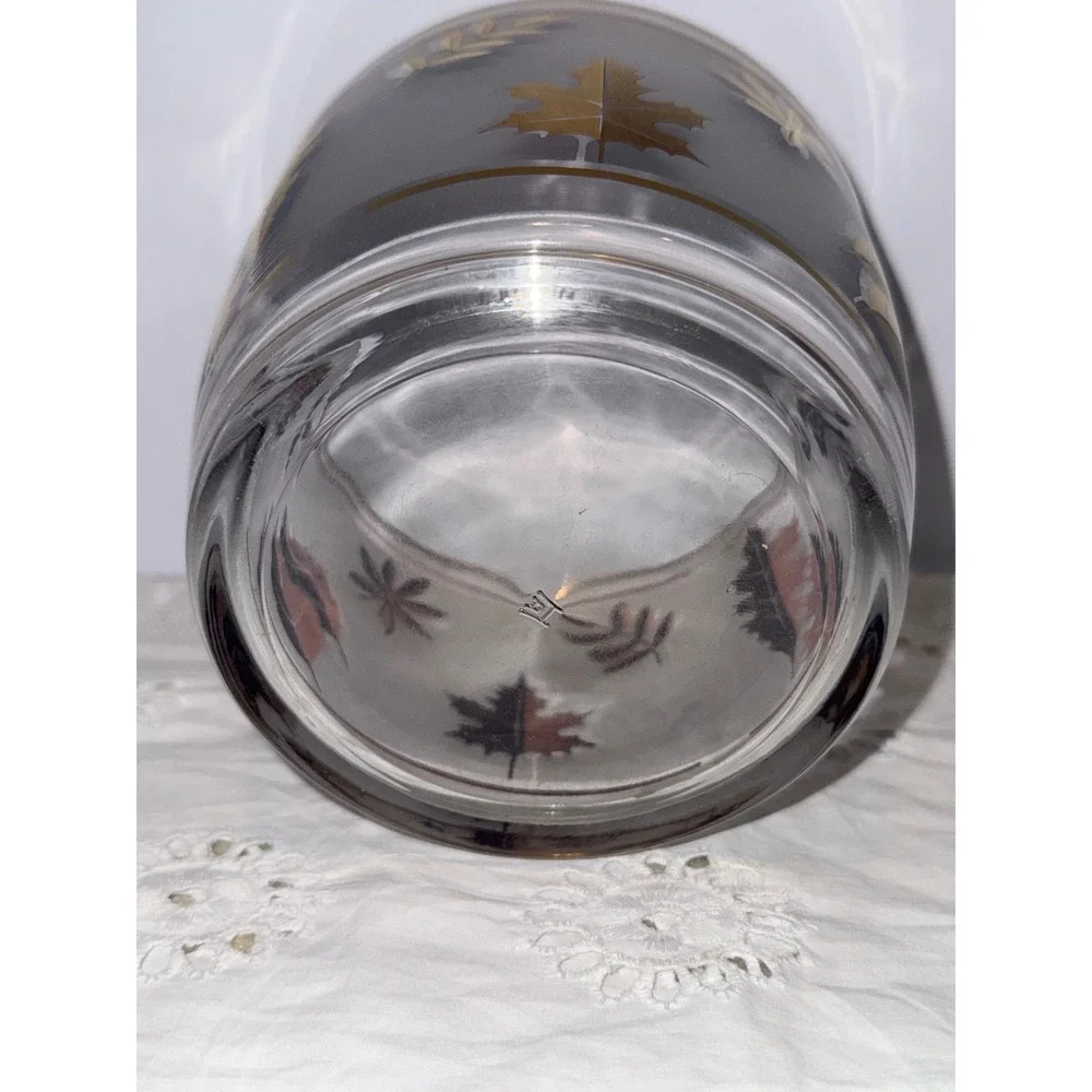 Libbey Golden Foliage 8 Rocks Glasses Ice Bucket Brass Caddy Set Vintage MCM